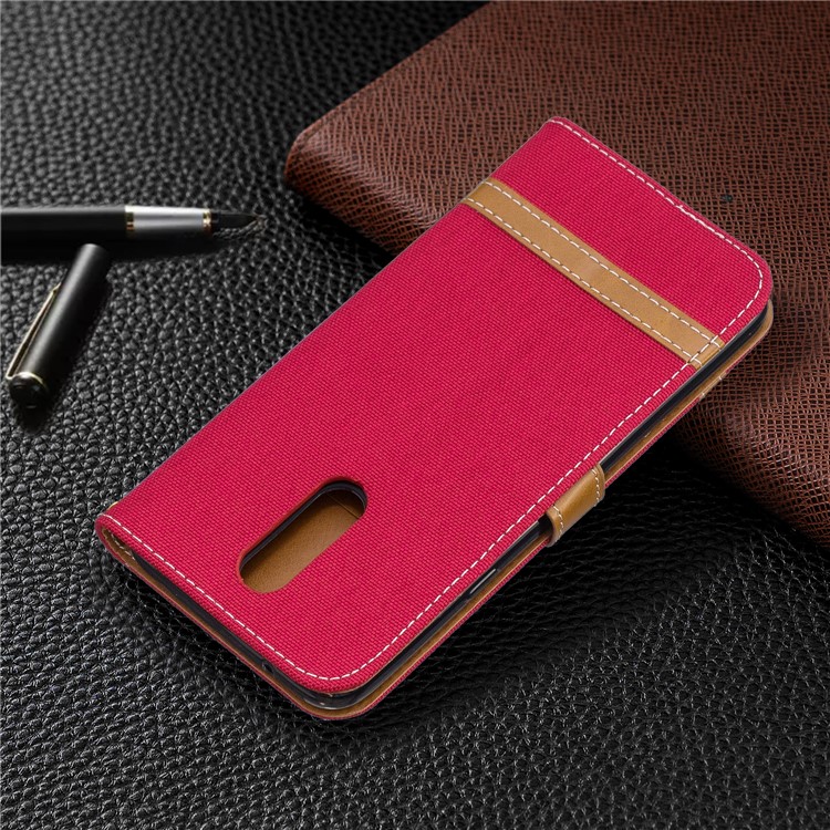 Jeans Cloth Wallet Stand Leather Shell for LG K40/K12+/K12 Plus - Red-8