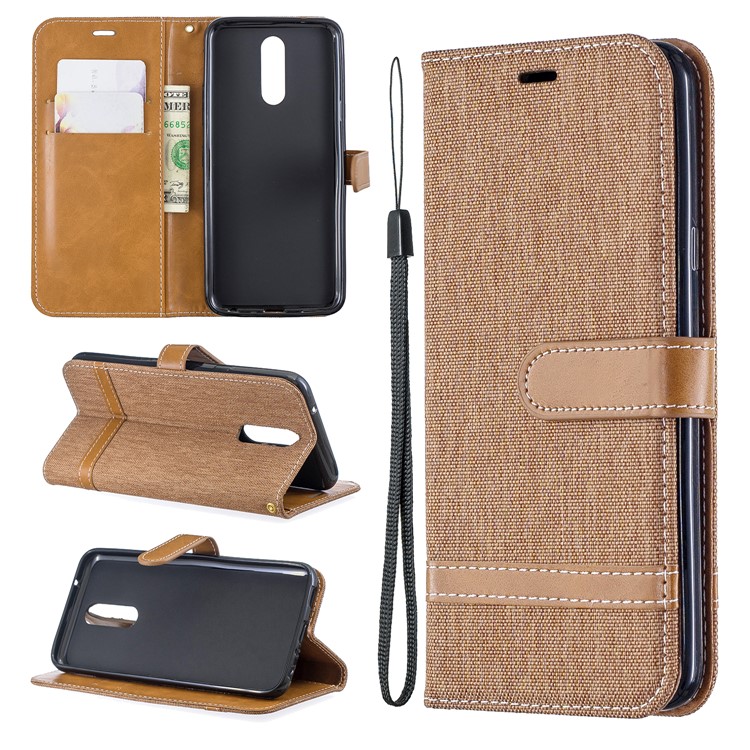 Jeans Cloth Wallet Stand Leather Shell for LG K40/K12+/K12 Plus - Brown-1