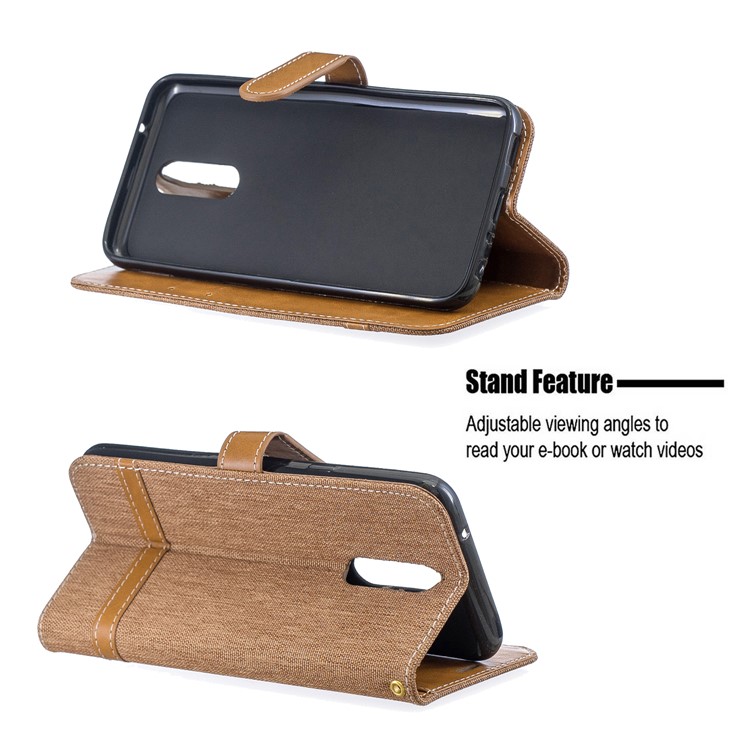 Jeans Cloth Wallet Stand Leather Shell for LG K40/K12+/K12 Plus - Brown-5