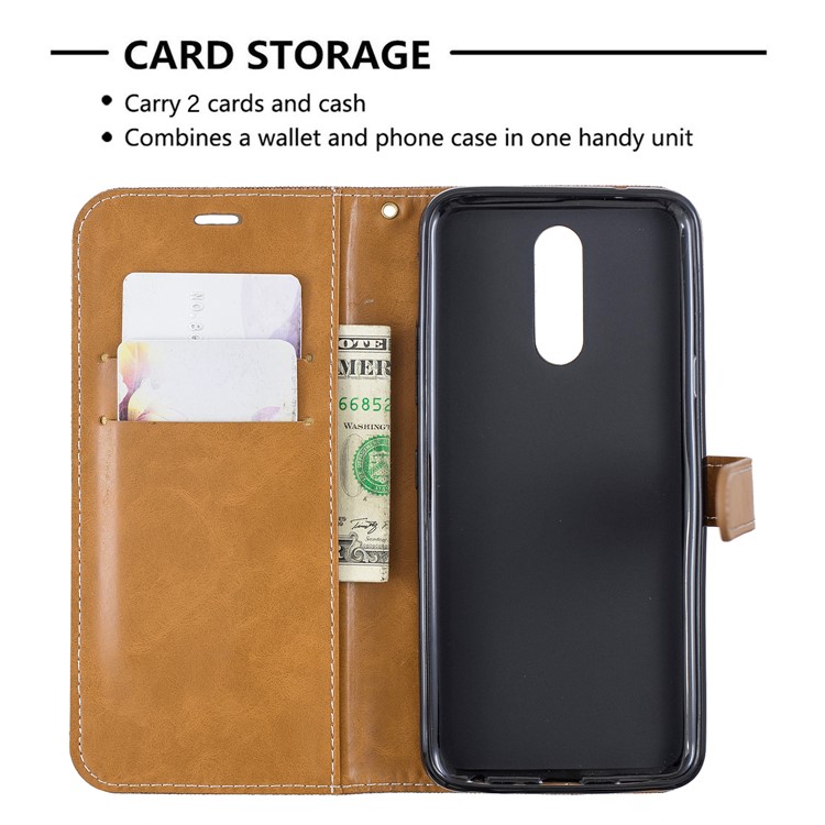 Jeans Cloth Wallet Stand Leather Shell for LG K40/K12+/K12 Plus - Brown-6