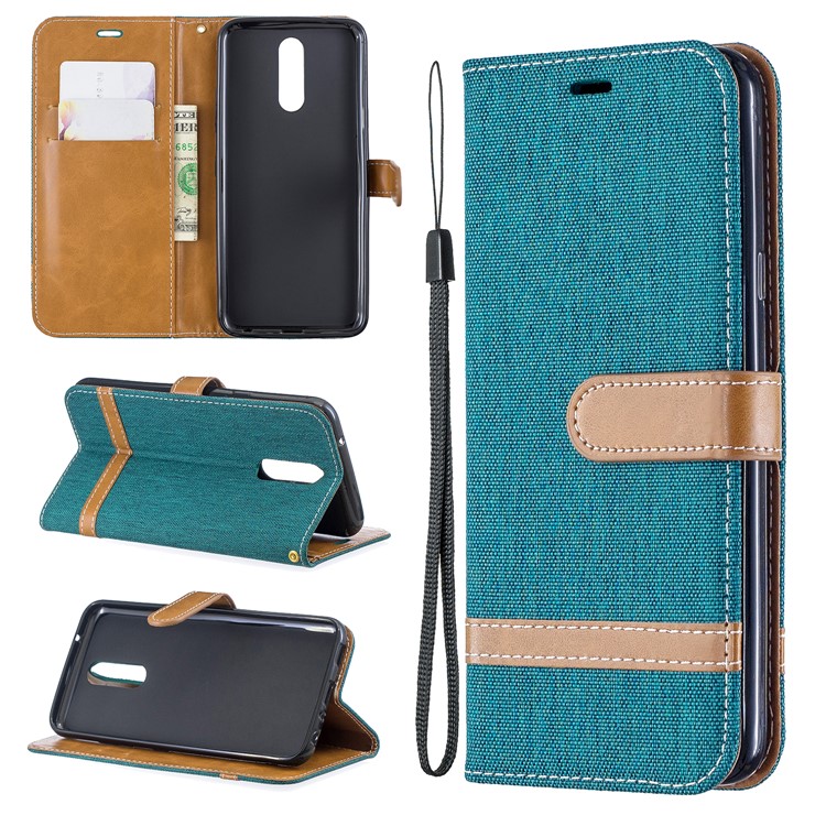 Jeans Cloth Wallet Stand Leather Shell for LG K40/K12+/K12 Plus - Green-1