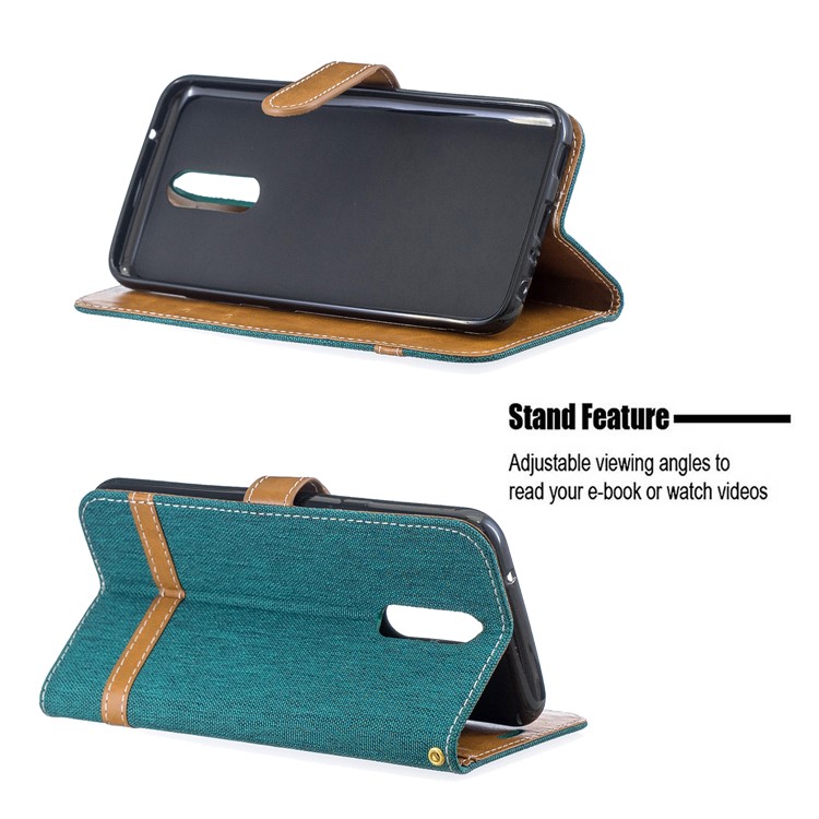 Jeans Cloth Wallet Stand Leather Shell for LG K40/K12+/K12 Plus - Green-5