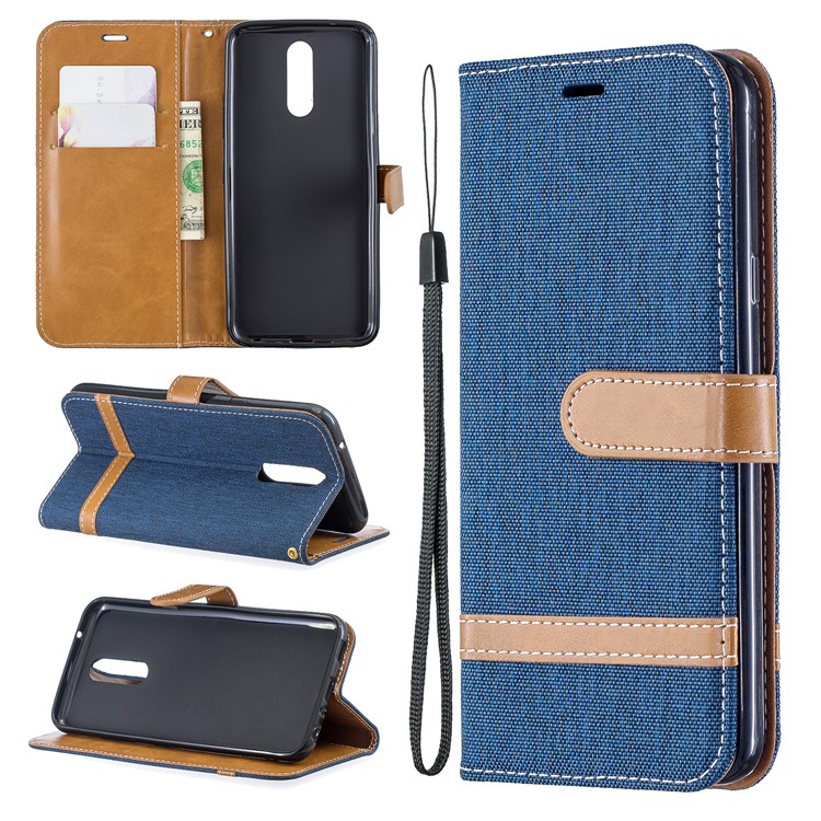 Jeans Cloth Wallet Stand Leather Shell for LG K40/K12+/K12 Plus - Dark Blue-1