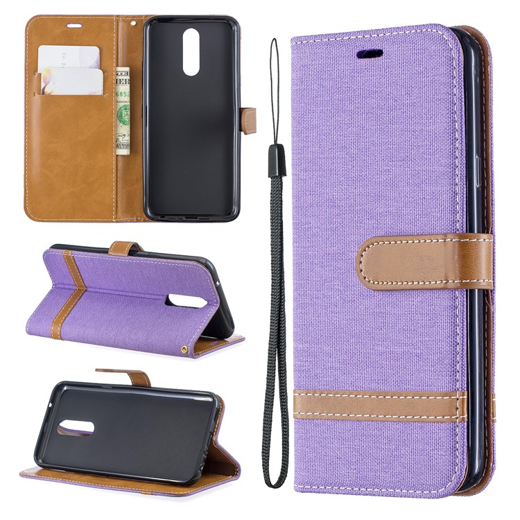 Jeans Cloth Wallet Stand Leather Shell for LG K40/K12+/K12 Plus - Purple-1