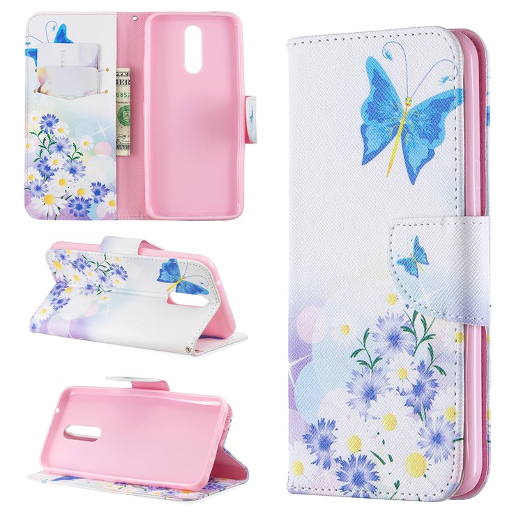 Pattern Printing Phone Leather Wallet Case for LG K40 / K12 Plus - Blue Butterfly and Flowers-1
