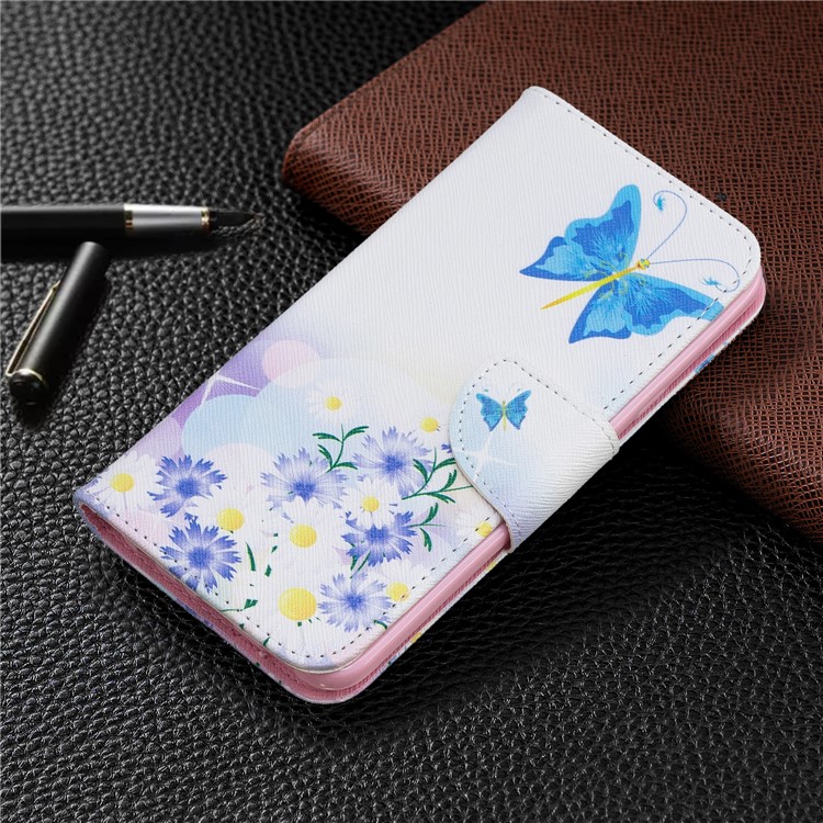Pattern Printing Phone Leather Wallet Case for LG K40 / K12 Plus - Blue Butterfly and Flowers-7