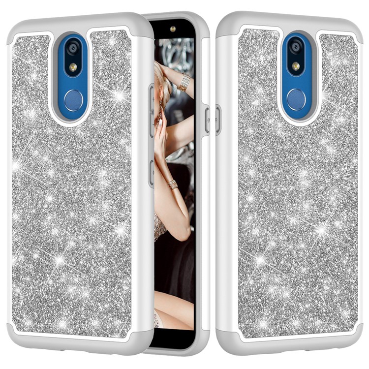 Shiny Glittery PC Back + Silicone + TPU Frame Phone Shell for LG K40/K12+/K12 Plus - Silver-1