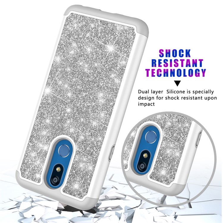 Shiny Glittery PC Back + Silicone + TPU Frame Phone Shell for LG K40/K12+/K12 Plus - Silver-6