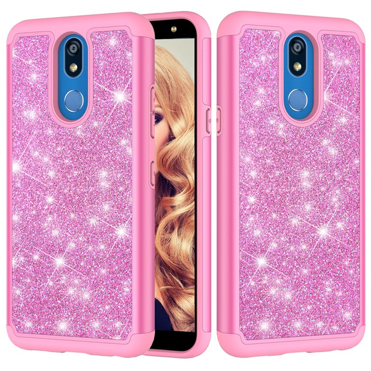 Shiny Glittery PC Back + Silicone + TPU Frame Phone Shell for LG K40/K12+/K12 Plus - Pink-1