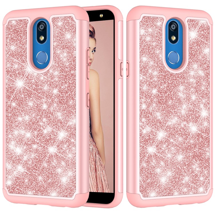 Shiny Glittery PC Back + Silicone + TPU Frame Phone Shell for LG K40/K12+/K12 Plus - Rose-1