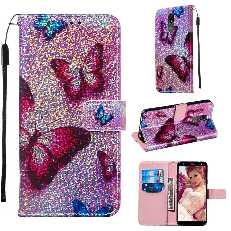 Pattern Printing Glitter Sequins Leather Wallet Phone Case for LG K40/K12+/K12 Plus - Butterfly-1