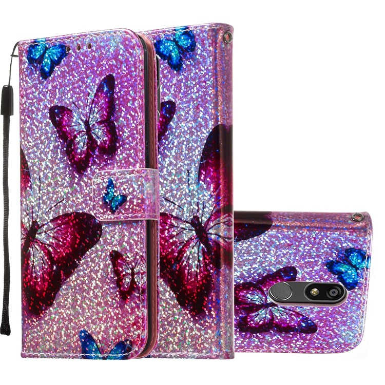 Pattern Printing Glitter Sequins Leather Wallet Phone Case for LG K40/K12+/K12 Plus - Butterfly-2