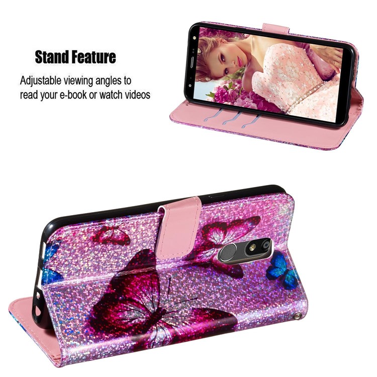 Pattern Printing Glitter Sequins Leather Wallet Phone Case for LG K40/K12+/K12 Plus - Butterfly-3