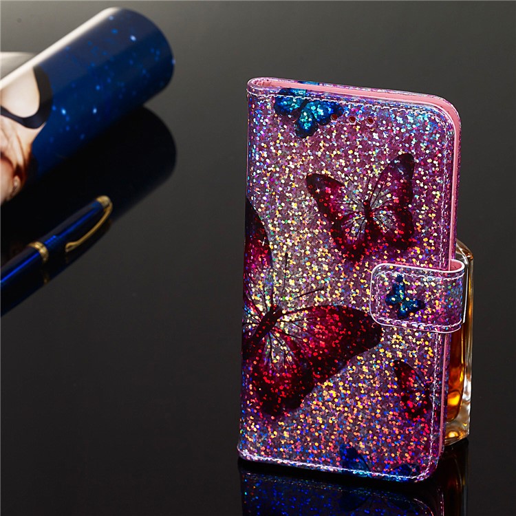Pattern Printing Glitter Sequins Leather Wallet Phone Case for LG K40/K12+/K12 Plus - Butterfly-6