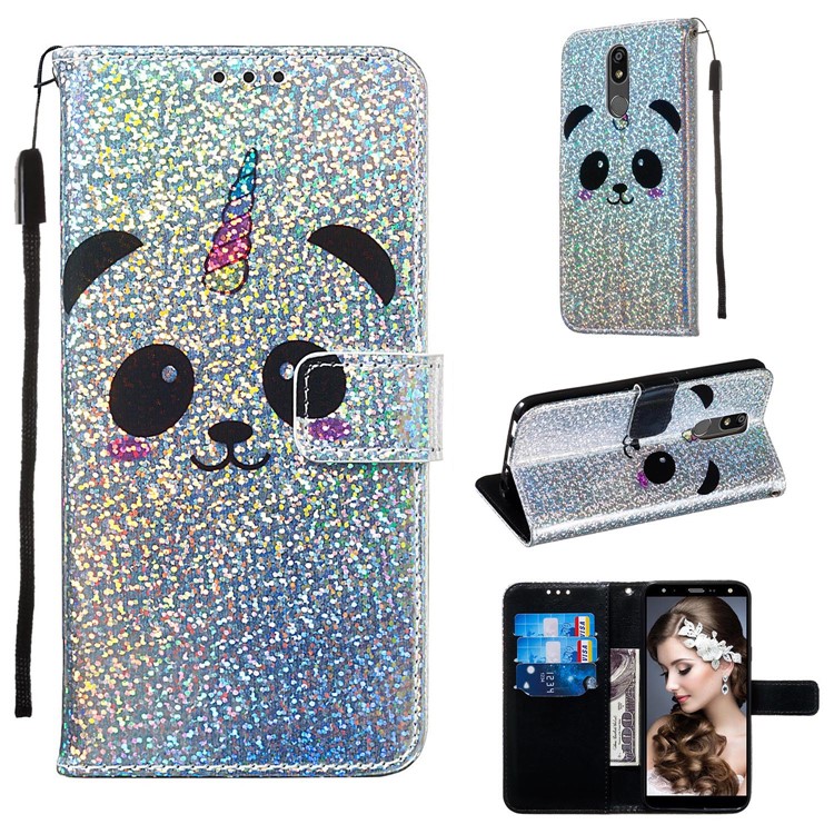 Pattern Printing Glitter Sequins Leather Wallet Phone Case for LG K40/K12+/K12 Plus - Panda-1