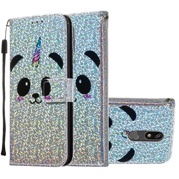 Pattern Printing Glitter Sequins Leather Wallet Phone Case for LG K40/K12+/K12 Plus - Panda-2