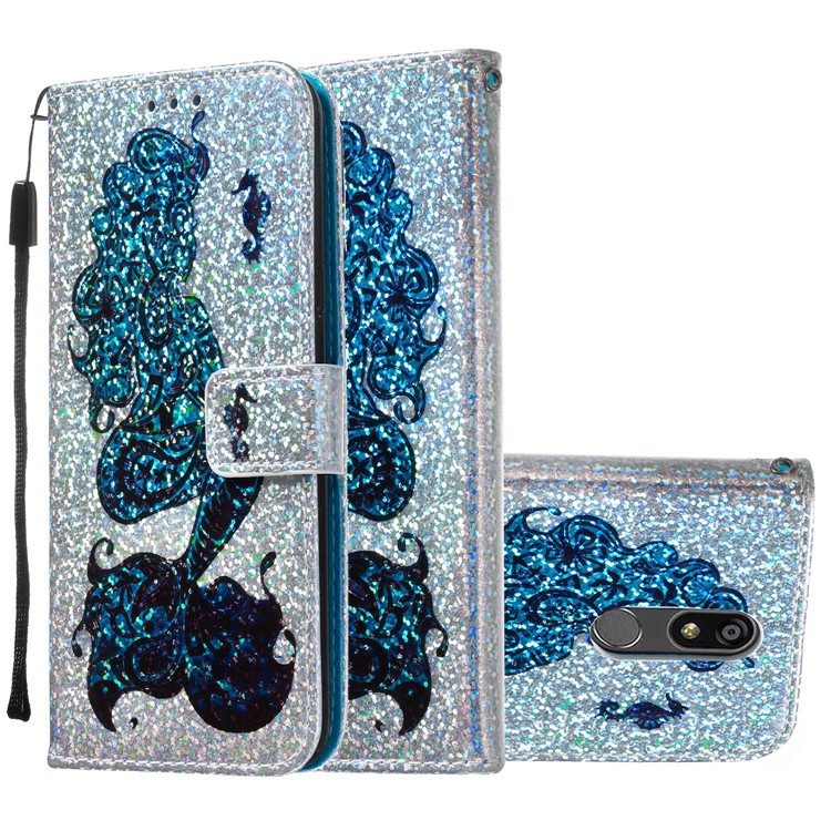 Pattern Printing Glitter Sequins Leather Wallet Phone Case for LG K40/K12+/K12 Plus - Mermaid-2