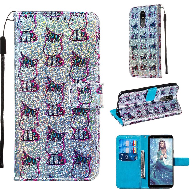 Pattern Printing Glitter Sequins Leather Wallet Phone Case for LG K40/K12+/K12 Plus - Unicorns-1