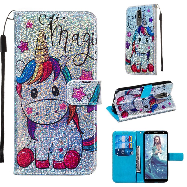 Pattern Printing Glitter Sequins Leather Wallet Phone Case for LG K40/K12+/K12 Plus - Unicorn and Star-1