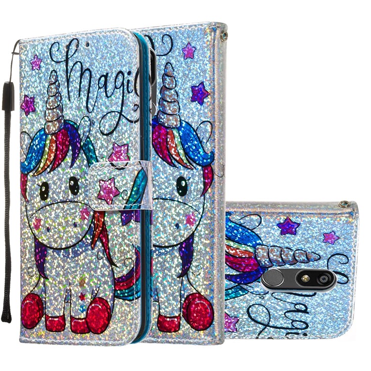 Pattern Printing Glitter Sequins Leather Wallet Phone Case for LG K40/K12+/K12 Plus - Unicorn and Star-2