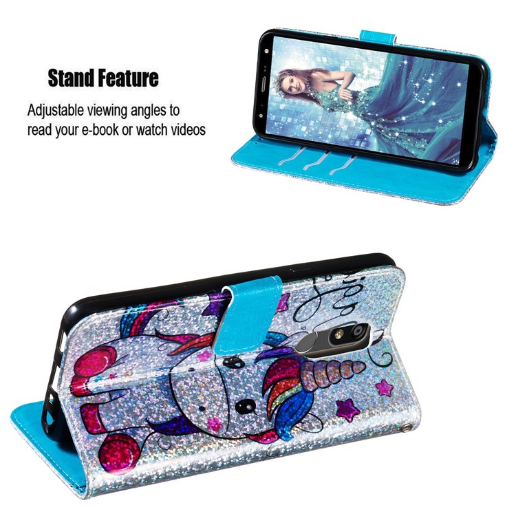 Pattern Printing Glitter Sequins Leather Wallet Phone Case for LG K40/K12+/K12 Plus - Unicorn and Star-4
