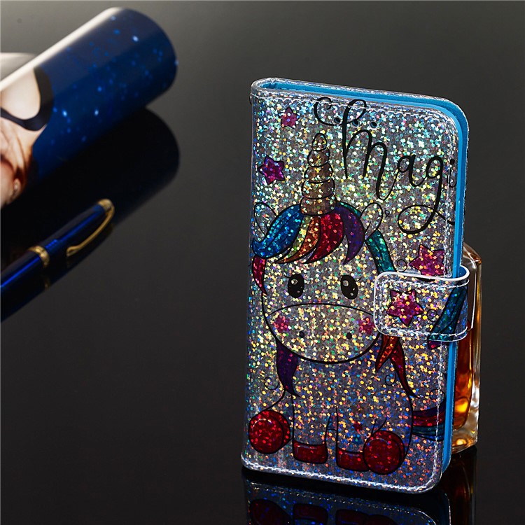 Pattern Printing Glitter Sequins Leather Wallet Phone Case for LG K40/K12+/K12 Plus - Unicorn and Star-6