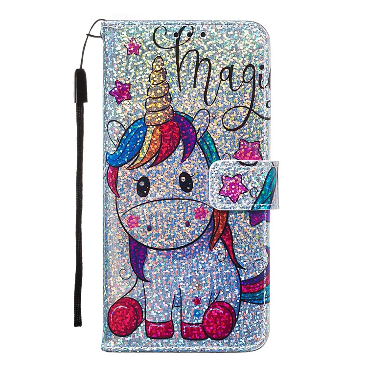 Pattern Printing Glitter Sequins Leather Wallet Phone Case for LG K40/K12+/K12 Plus - Unicorn and Star-8