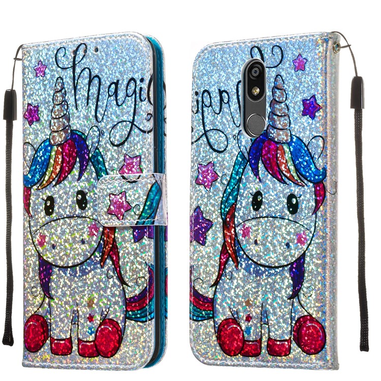 Pattern Printing Glitter Sequins Leather Wallet Phone Case for LG K40/K12+/K12 Plus - Unicorn and Star-9