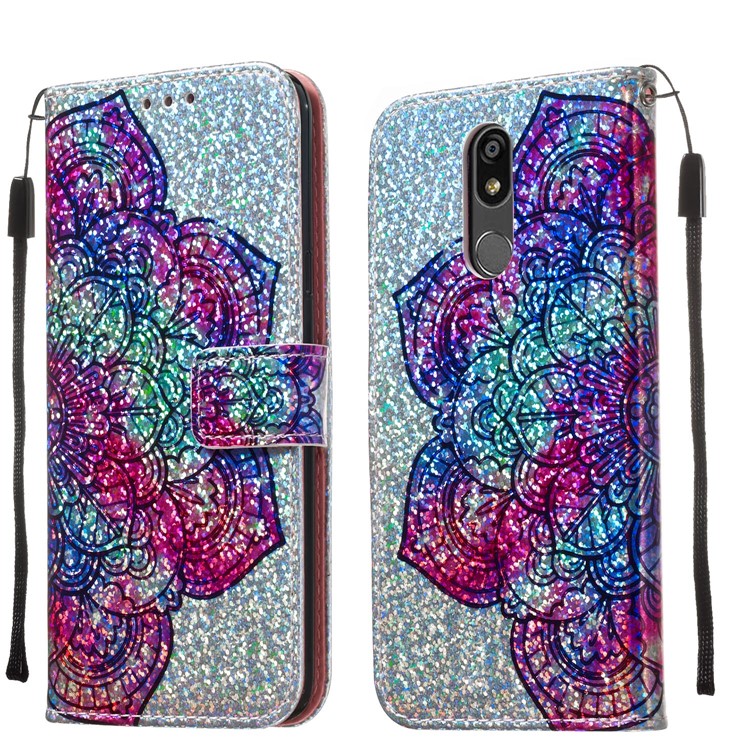 Pattern Printing Glitter Sequins Leather Wallet Phone Case for LG K40/K12+/K12 Plus - Mandala Flower-9