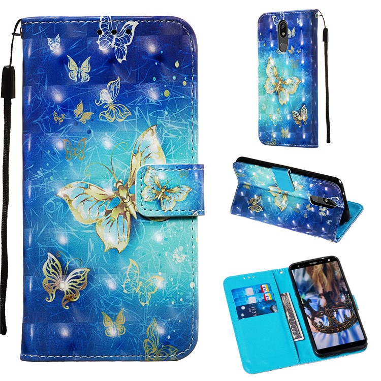 3D Painting Pattern Leather Phone Shell for LG K40/K12+/K12 Plus - Blue Shiny Butterflies-1