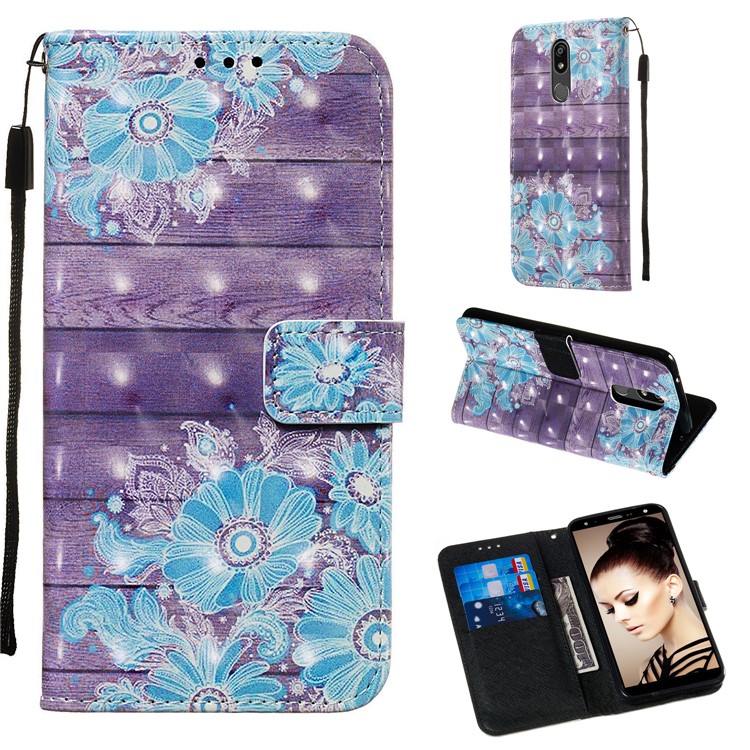 3D Painting Pattern Leather Phone Shell for LG K40/K12+/K12 Plus - Blue Flowers-1