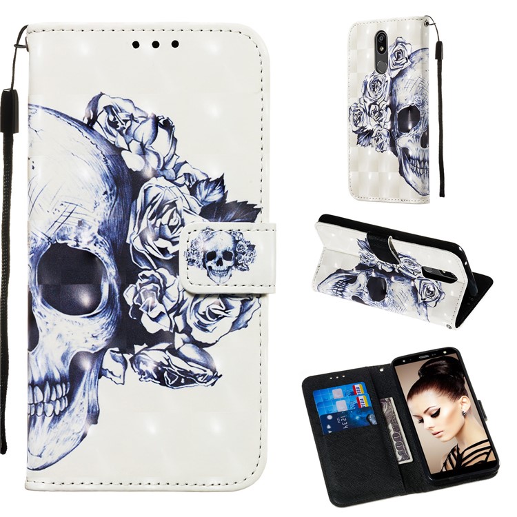 3D Painting Pattern Leather Phone Shell for LG K40/K12+/K12 Plus - Skull Flowers-1