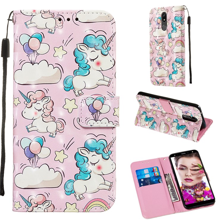 3D Painting Pattern Leather Phone Shell for LG K40/K12+/K12 Plus - Pink Unicorns-1