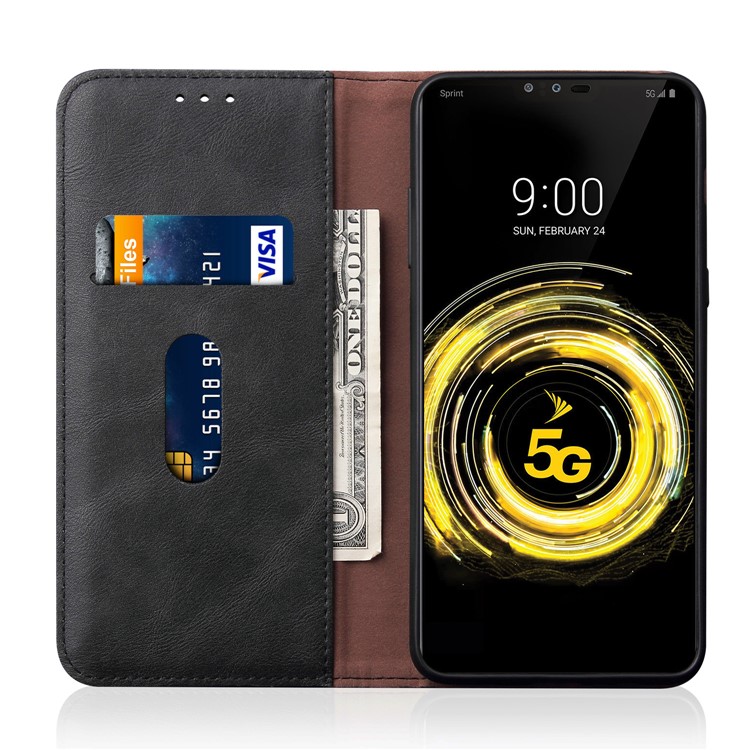 Retro Style Vintage Crazy Horse Leather Wallet Case for G V50 ThinQ 5G - Black-4