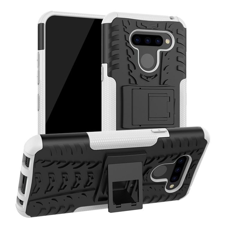 Anti-slip PC + TPU Combo Case with Kickstand for LG Q60 - White-1