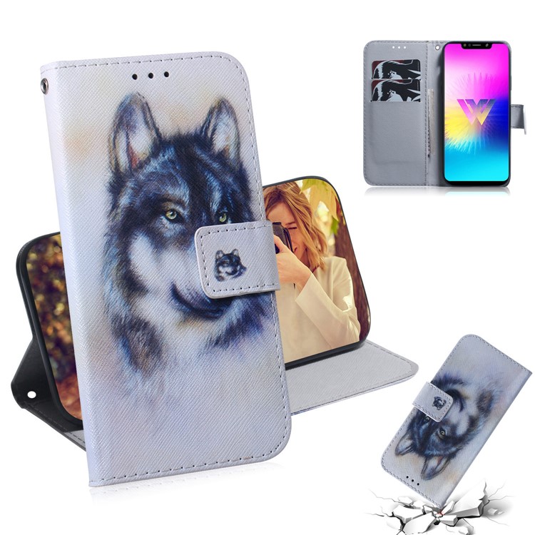 Printing Skin Leather Wallet Phone Case Shell for LG W10 - Black and White Wolf-1