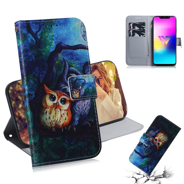 Printing Skin Leather Wallet Phone Case Shell for LG W10 - Owl-1