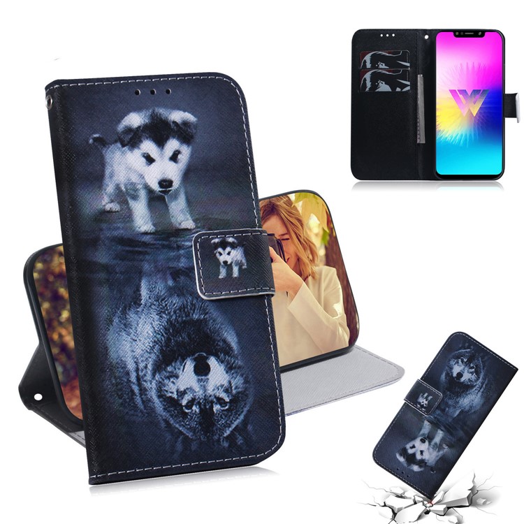 Printing Skin Leather Wallet Phone Case Shell for LG W10 - Dog and Wolf Reflection in Water-1