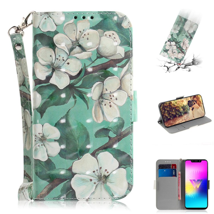Light Spot Decor Pattern Printing Wallet Stand Flip Leather Case with Strap for LG W10 - White Flower-1