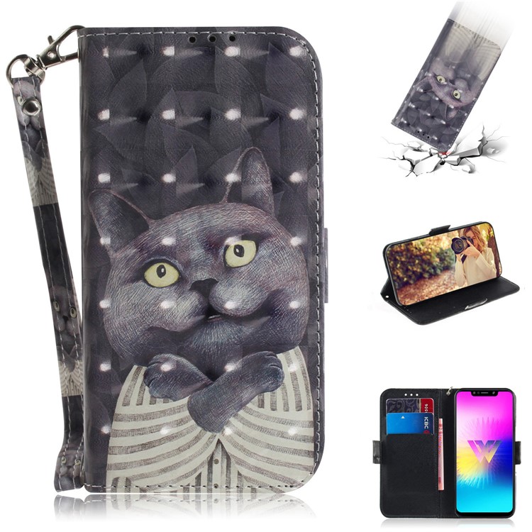 Lichtfleck Dekor Muster Druck Brieftasche Stand Flip Ledertasche Mit Gurt Für LG W10 - Schwarze Katze-1