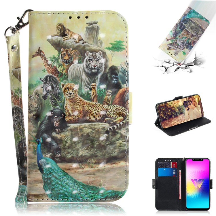 Light Spot Decor Pattern Printing Wallet Stand Flip Leather Case with Strap for LG W10 - Animal kingdom-1