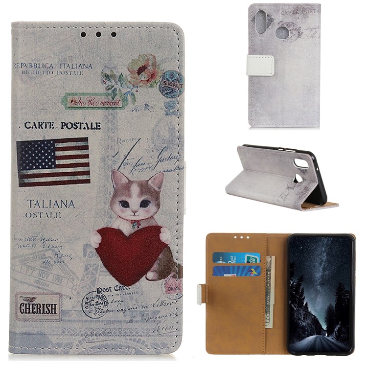 Printing Style PU Leather Wallet Stand Phone Shell for LG W10 - Cat Holding Heart-1