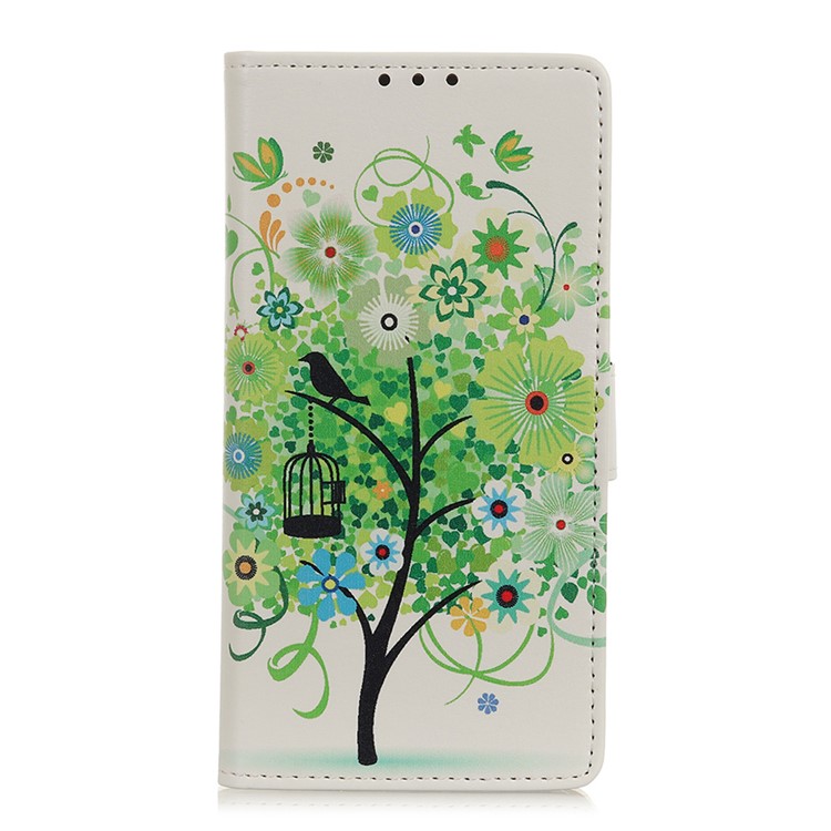 Printing Style PU Leather Wallet Stand Phone Shell for LG W10 - Green Tree with Bird Cage-1