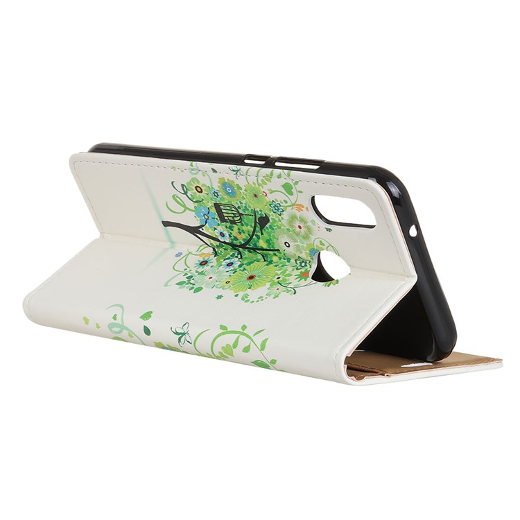 Printing Style PU Leather Wallet Stand Phone Shell for LG W10 - Green Tree with Bird Cage-3