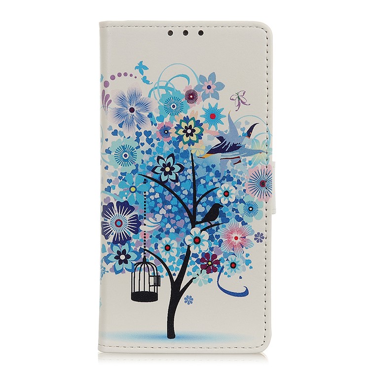 Printing Style PU Leather Wallet Stand Phone Shell for LG W10 - Blue Tree with Bird Cage-1