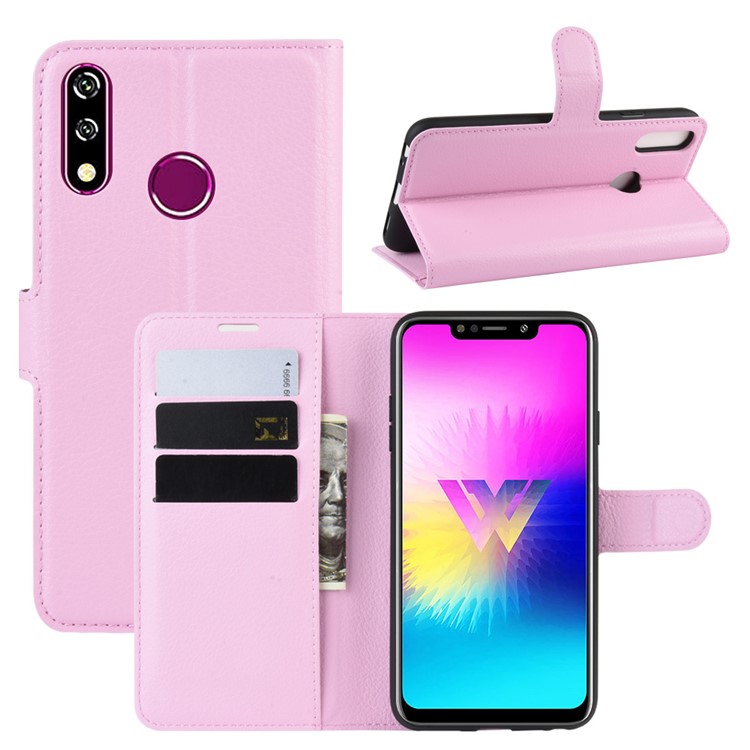 Litchi Skin Leather Wallet Stand Case for LG W10 - Pink-1