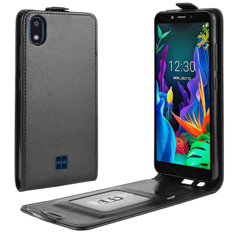 Caso Loco De La Piel Del Caballo Vertical Del Tirón Titular De La Tarjeta De Cuero Para LG K20 (2019) - Negro-1
