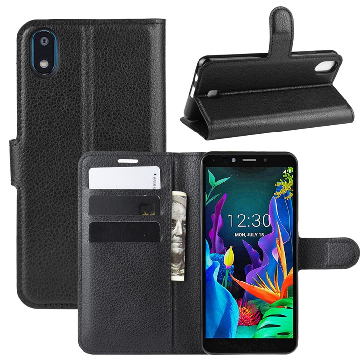 Litchi Skin Wallet Leather Stand Phone Shell Stylish Cover for LG K20 (2019) - Black-1