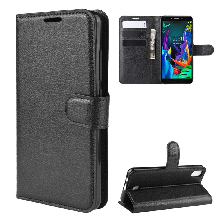 Litchi Skin Wallet Leather Stand Phone Shell Stylish Cover for LG K20 (2019) - Black-2