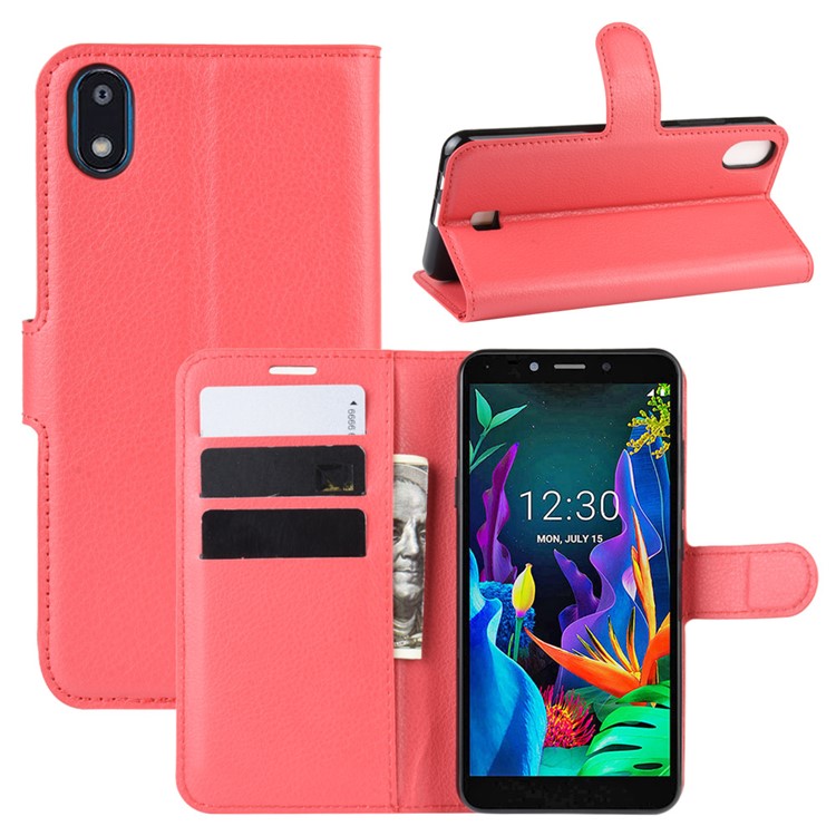 Litchi Skin Wallet Leather Stand Phone Shell Stylish Cover for LG K20 (2019) - Red-1